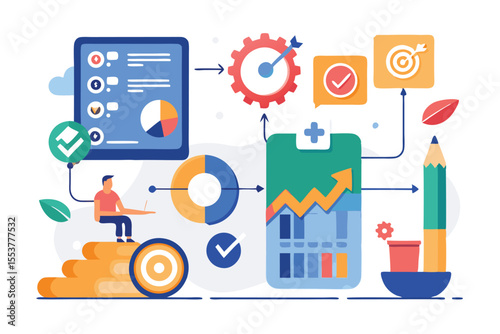 Project tracking tools for goal setting and task completion with visual analytics and progress indicators illustrated in a modern style
