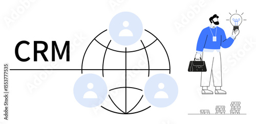 Global network visualization with user profiles connected via CRM system. Businessman with briefcase holding lightbulb for innovation. Ideal for team management, networking, customer relations