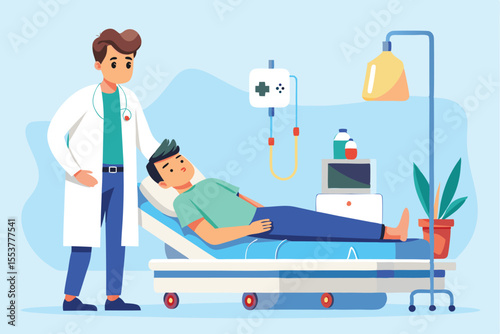 Doctor consults male patient in intensive care unit during health examination with medical equipment present