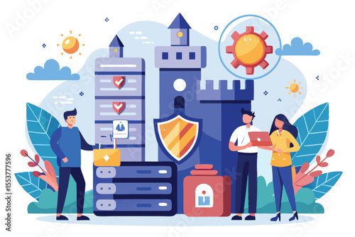 Flat illustration depicting three individuals securing server infrastructure in a digital environment with protective symbols by bright blue skies