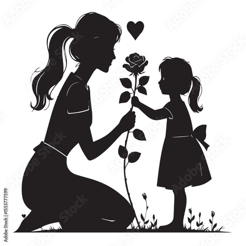 Silhouette of mother and daughter sharing a rose with love in grass