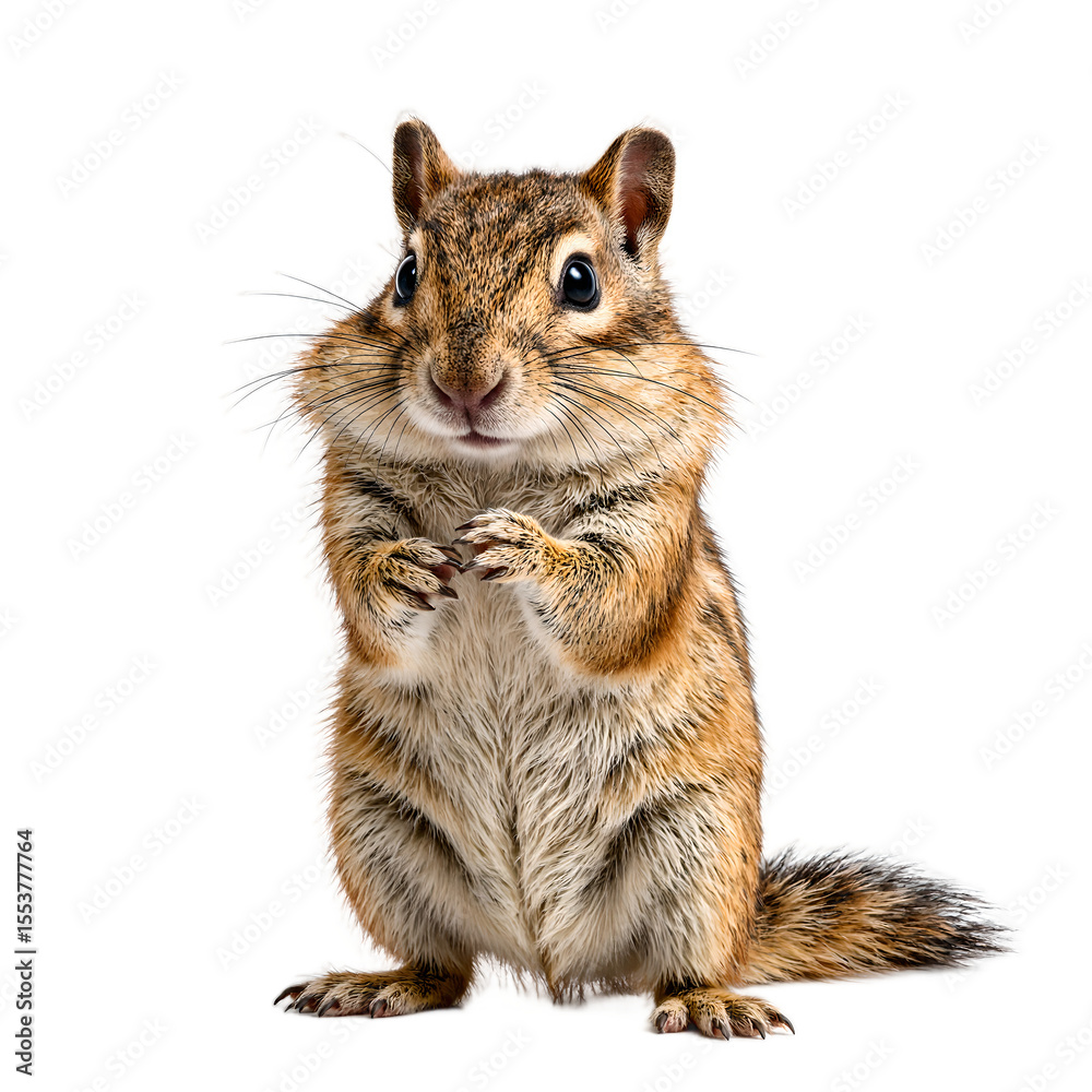 Fototapeta premium Adorable chipmunk with striped fur and cheeks stuffed full standing on hind legs with front paws raised Isolated on a white background
