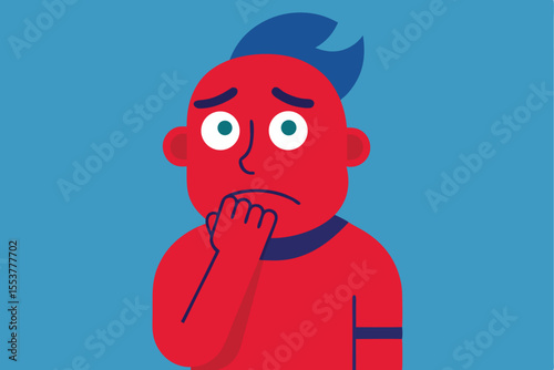 Confused individual with a red complexion expresses anxiety while contemplating a decision indoors in a bright blue setting