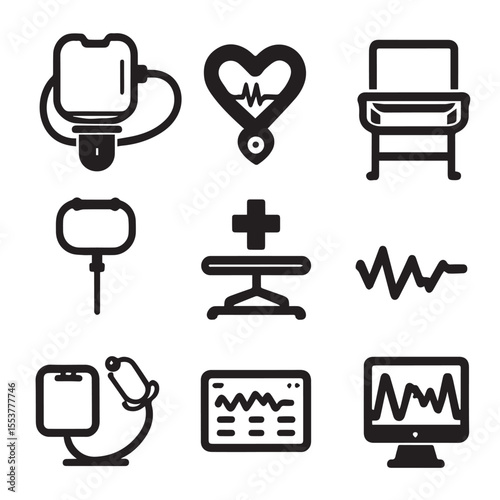 Medical icons depict healthcare equipment isolated on white background