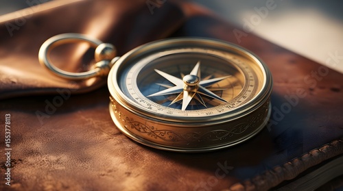 Golden compass on leather background