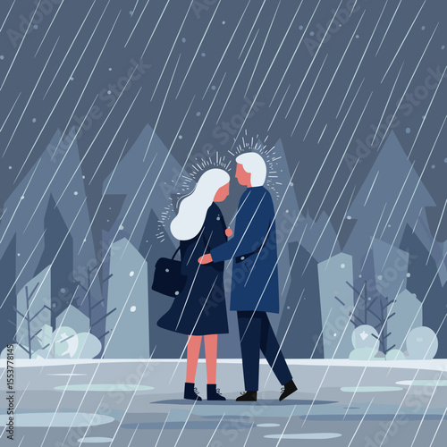 Elderly couple embracing under the rain in a snowy landscape  