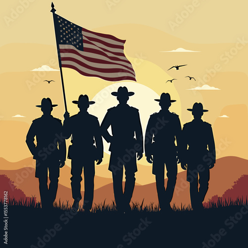 Silhouetted cowboys holding American flag against sunset background  