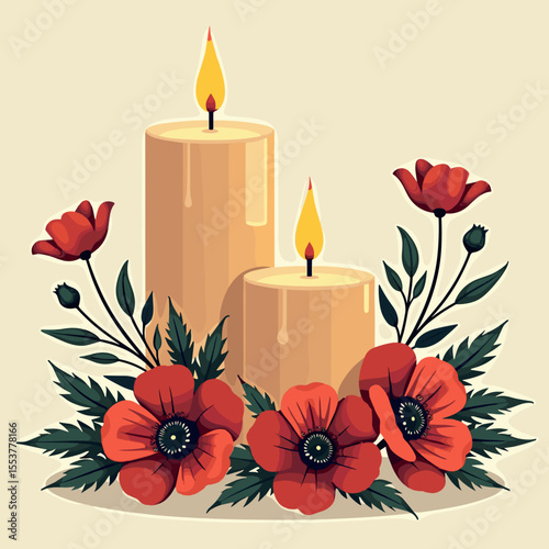 Decorative candles with red flowers and greenery on soft background  