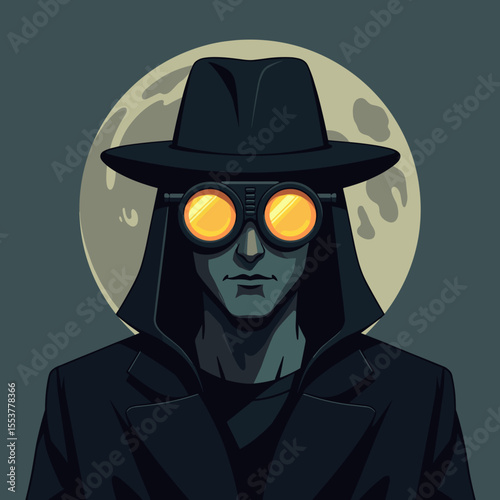 Mysterious figure wearing hat and goggles against full moon background  