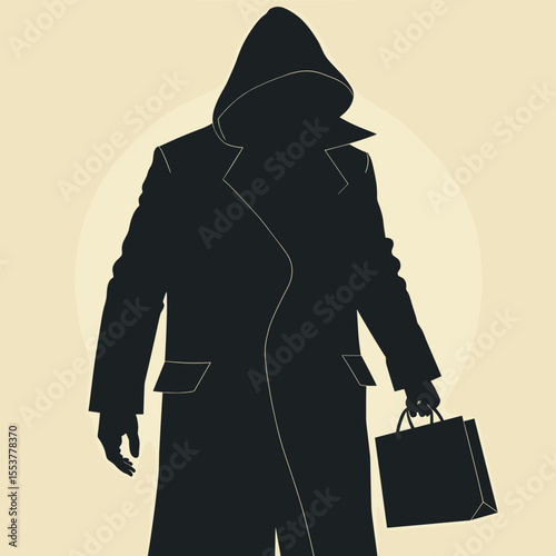 Silhouette of person in long coat holding bag on light background  