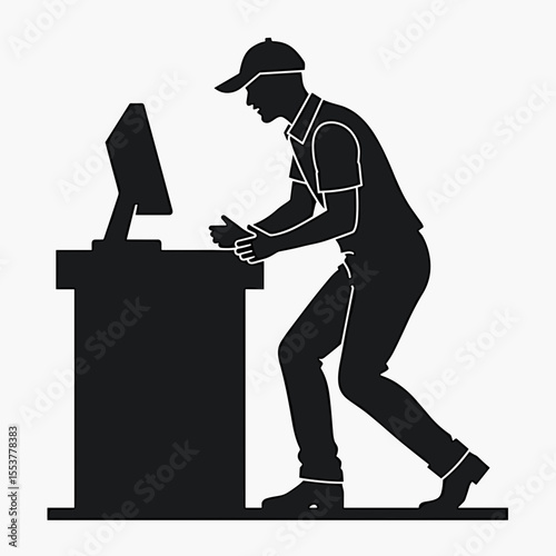 Delivery worker interacting with computer at workstation in silhouette  