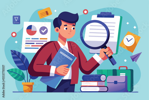 Employer examining job applications with a magnifying glass in a creative workspace filled with documents and office supplies