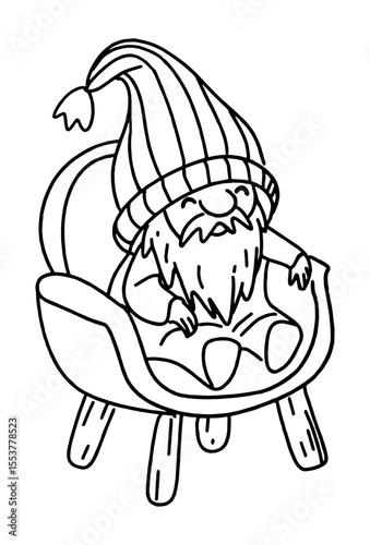 Cute gnome sitting in a chair drawn in doodle style.