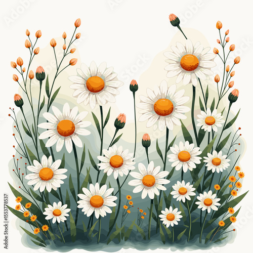 Floral arrangement of daisies and buds on a soft background  
