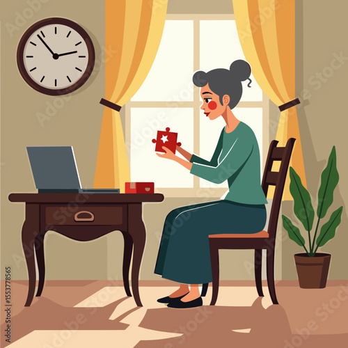 Elderly woman assembling puzzle while sitting at table indoors  