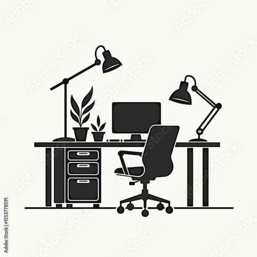 Modern home office desk setup with lights and plants  