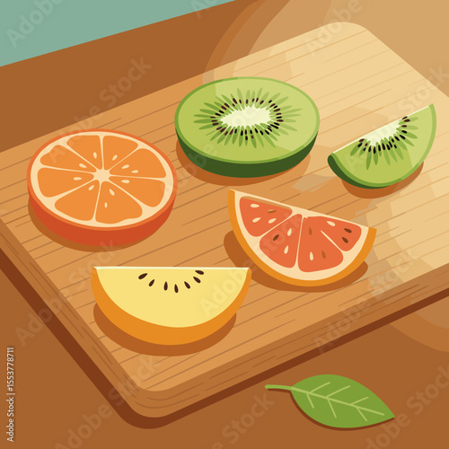 Freshly sliced fruits including orange, kiwi, and melon on wooden board  