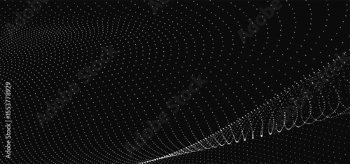 Futuristic dot wave. Abstract digital particle wave. Black and white music wave. Dark background. Digital background with smooth wavy curves. 3D rendering