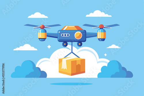 Efficient drone delivery system concept showcasing drone transporting package clouds background