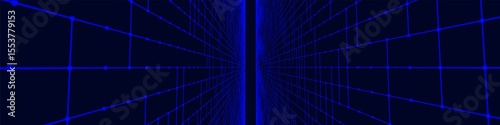 Futuristic colorful perspective grid. Abstract wireframe with blue grid on black background. Virtual landscape in digital style of 80s 90s. Simple perspective grid for design. 3D rendering