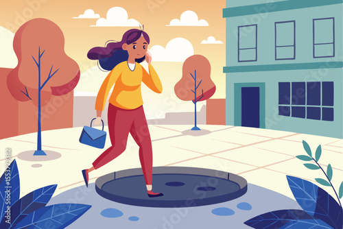 Girl walks down the street talking carelessly with a small bag in her hand during sunset near a colorful urban setting