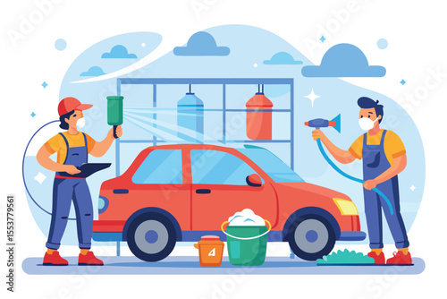 Detailed depiction of a car wash process showcasing workers cleaning a vehicle with tools and supplies in a vibrant outdoor setting