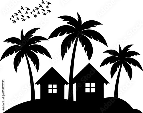 Ocean View House with Tall Palm Tree Silhouette
