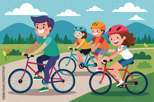 Happy people enjoying a recreational bike ride through a scenic landscape on a sunny day with mountains in the background