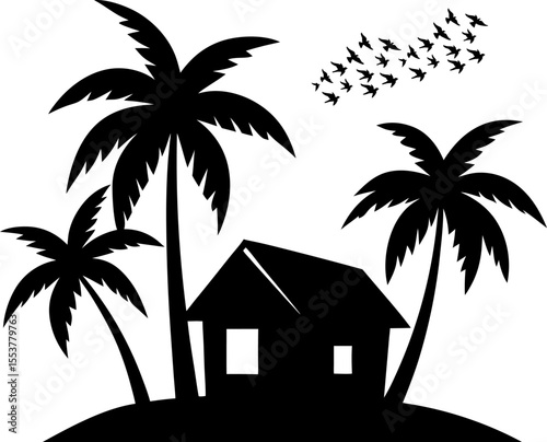 Twin Island Houses with Palm Tree and Bird Silhouettes