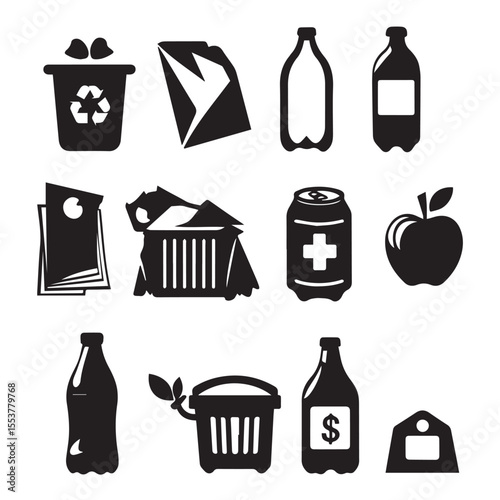 Collection of recycling and waste icons isolated on white background
