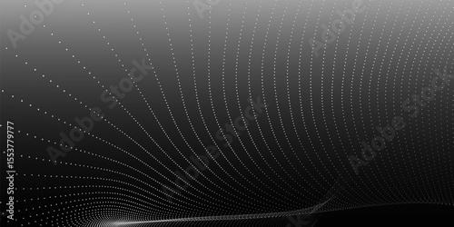 Futuristic dot wave. Abstract digital particle wave. Black and white music wave. Dark background. Digital background with smooth wavy curves. 3D rendering