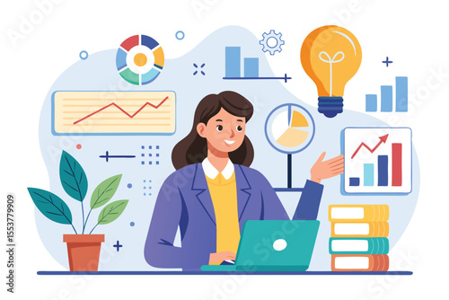 Businesswoman analyzing project initiation concepts with visual graphics and data charts in a modern office environment