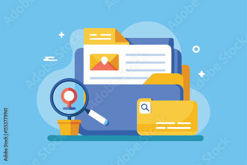 Searching for documents in office folders while managing files using organizational tools and a magnifying glass in a bright workspace