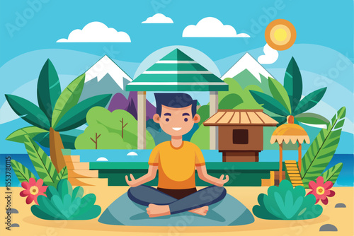 Escape to a serene detox retreat with a tranquil atmosphere, perfect for relaxation and rejuvenation amidst nature's beauty in a cartoon-style illustration