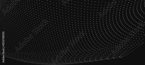 Futuristic dot wave. Abstract digital particle wave. Black and white music wave. Dark background. Digital background with smooth wavy curves. 3D rendering
