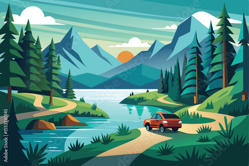 Car drives along a peaceful lakeside path surrounded by mountains and forests during sunset