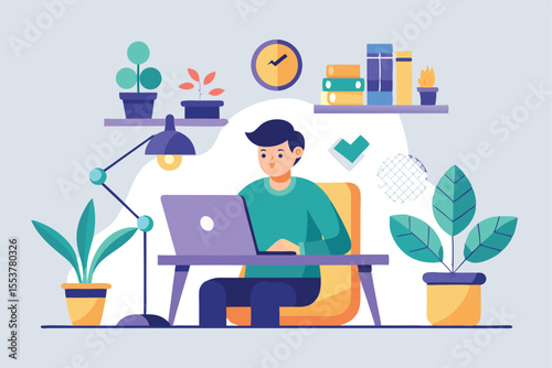 Modern workplace vector illustration depicting a young man working on a laptop in a cozy and organized office space full of plants and personal items