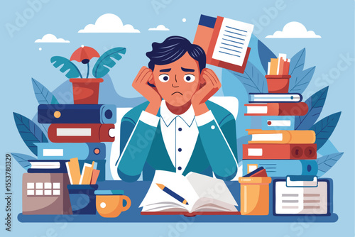Tired office worker feeling overwhelmed by paperwork and stress during a busy workday in a cluttered environment with plants and supplies