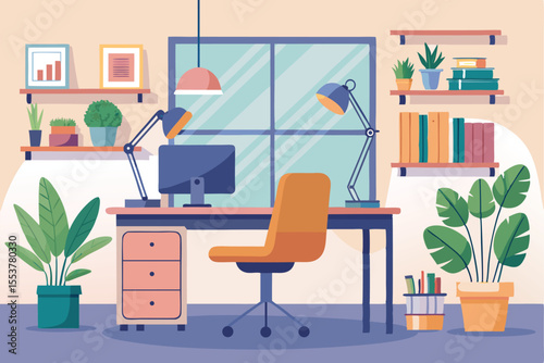 Simple and elegant office room design featuring a desk with plants, shelves, and lighting in a modern workspace