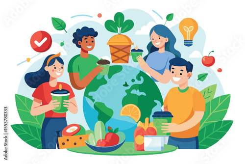 Celebrating eco-friendly practices with diverse individuals engaged in sustainable activities surrounded by nature and fresh produce