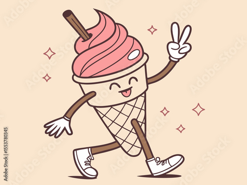 Pink and Brown Ice Cream Sundae Smiling with Tongue Out and Sparkles Around