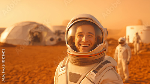 Astronauts smile and work diligently on Mars, building a base am
