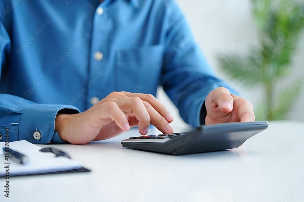 Fototapeta premium Close up of a person using a calculator for financial calculations on a desk