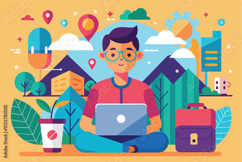 Digital nomad working in a vibrant outdoor environment with laptop and coffee cup during a sunny day surrounded by nature and urban elements