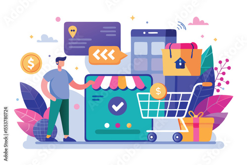 Cart shopping vector illustration concept featuring a person interacting with an online storefront and shopping cart during a digital purchasing experience