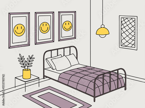 Minimalist Bedroom Interior with Cheerful Smiley Pillows Purple Comforter and Warm Neutral Colors