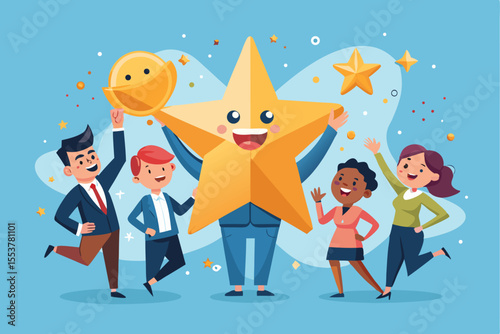 Celebrating employee satisfaction and teamwork through a vibrant and engaging cartoon illustration showing diverse characters rejoicing around a large star