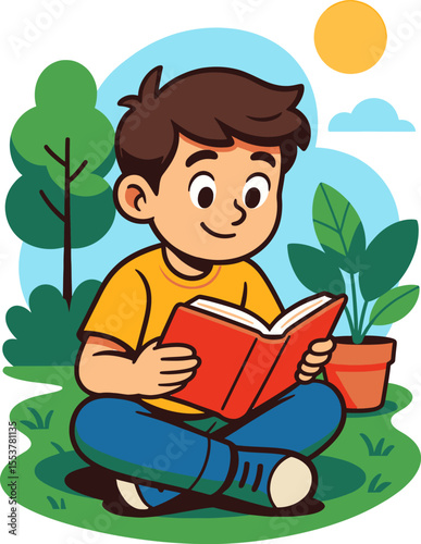 Child reading a book outdoors in the park. Flat vector illustration for education, learning and childhood themes