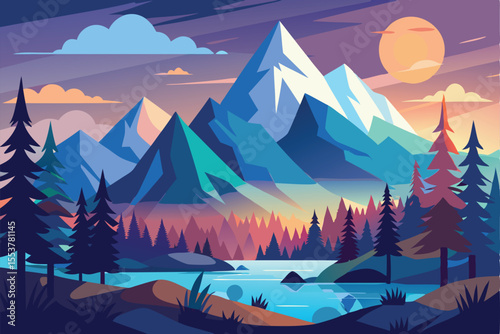 Majestic mountain landscape at sunset with tranquil lake and tall pine trees creating a peaceful natural setting