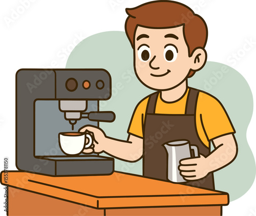 Barista making coffee at espresso machine. Flat cartoon vector for cafe, food service and lifestyle topics